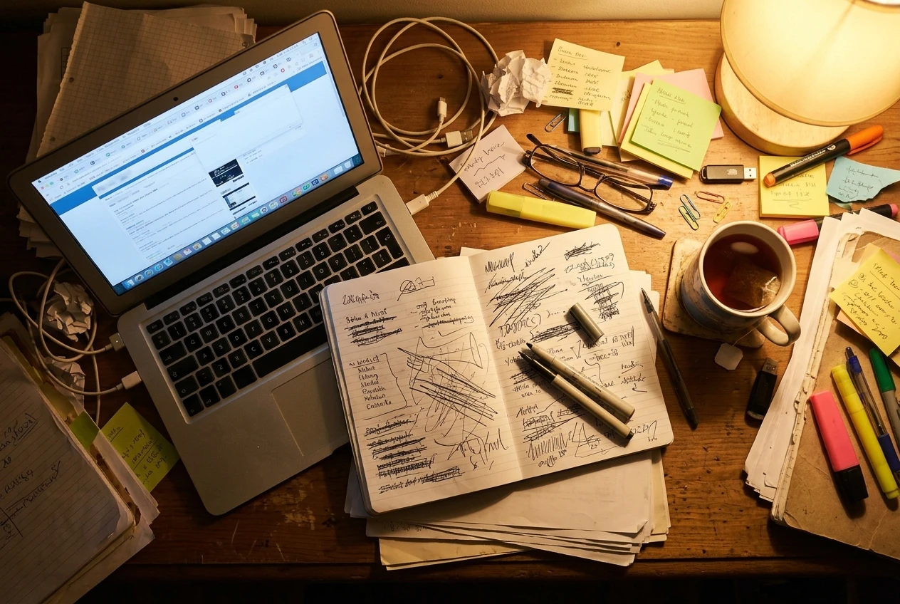 A cluttered desk seen from above in warm lamplight: a laptop showing a crowded row of unlabelled browser tabs beside a notebook covered in crossed-out scribbles and a cooling mug of t