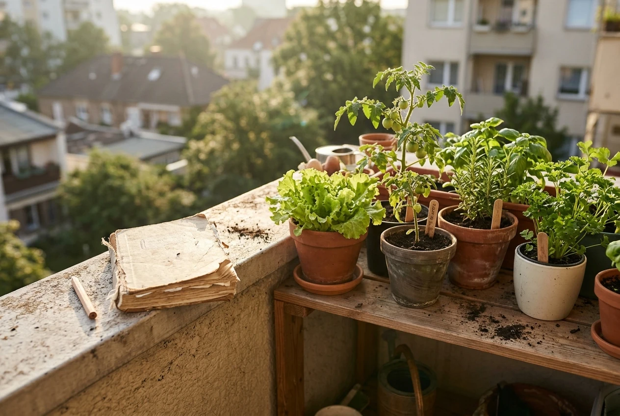 A sunlit apartment balcony with small pots of lettuce, tomatoes and herbs on a narrow shelf, a worn gardening notebook and a pencil resting on the railing, soft greens and warm morning light, illustrating a narrow topic someone is curious about.