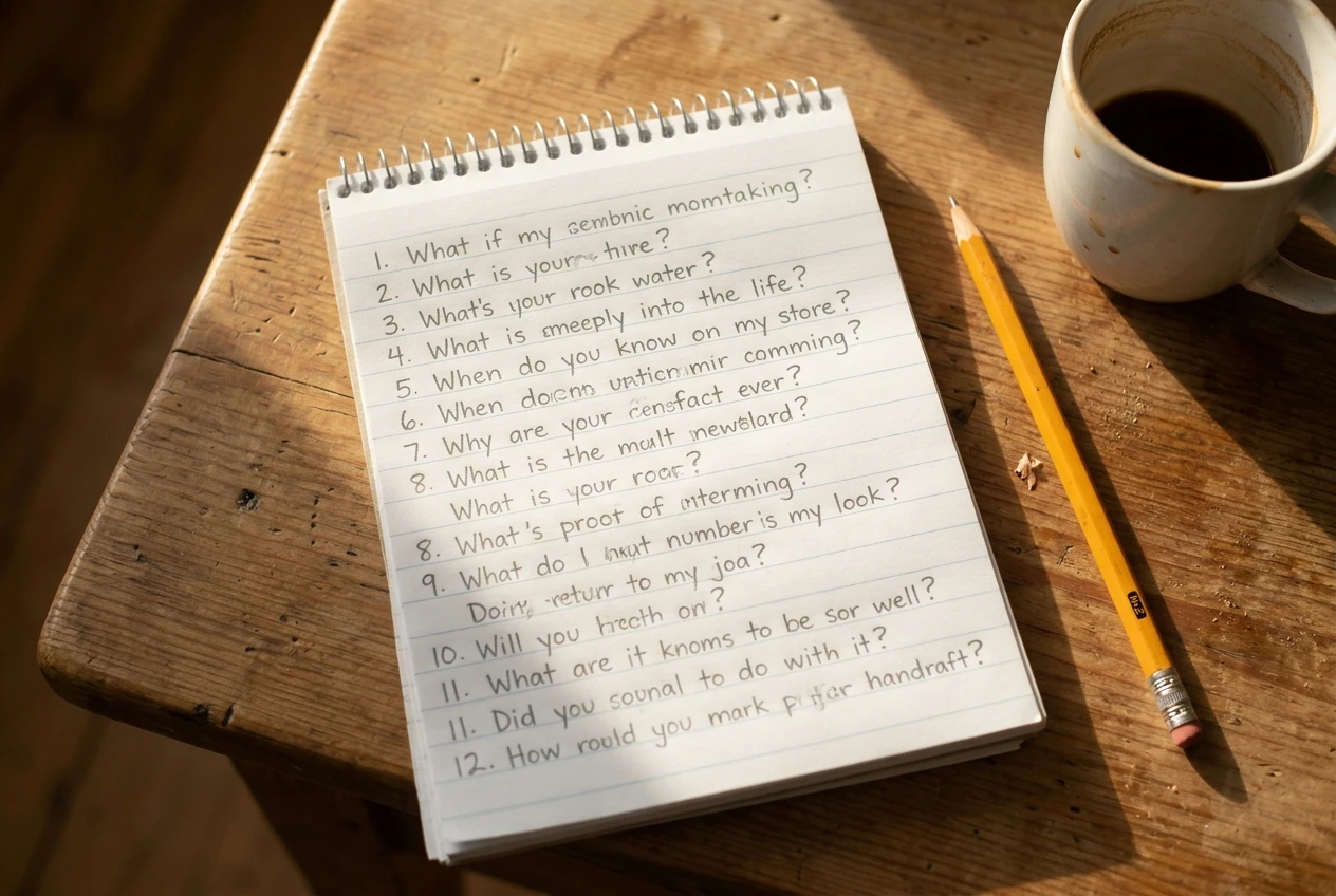 A hand-written list of numbered questions on a lined notepad on a wooden kitchen table, a pencil beside it, with a half-finished cup of coffee and morning light across the page, the list clearly filling the whole page.