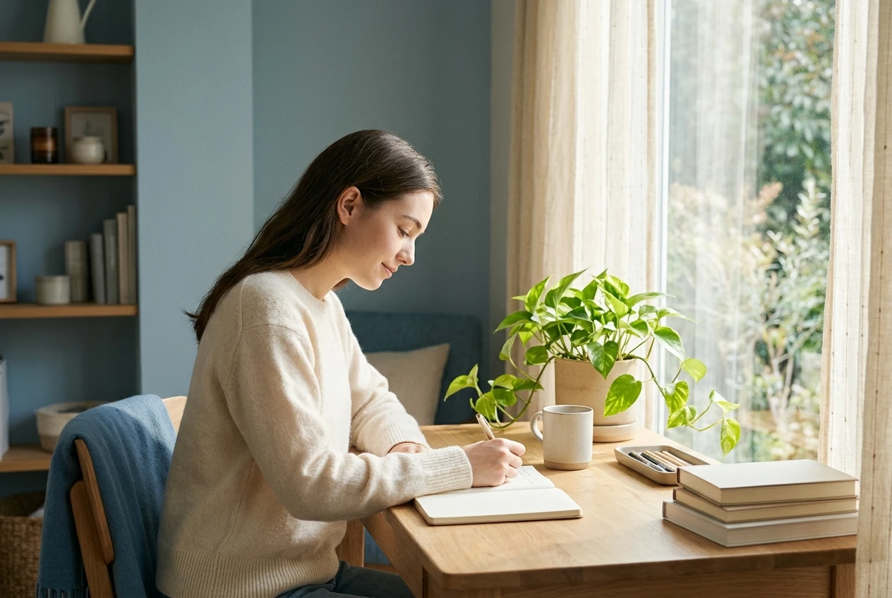A beginner sitting at a bright window desk with a plant and a notebook, looking calm and unhurried as they write by hand, soft daylight and muted blue and cream tones, suggesting reassurance and steady progress.
