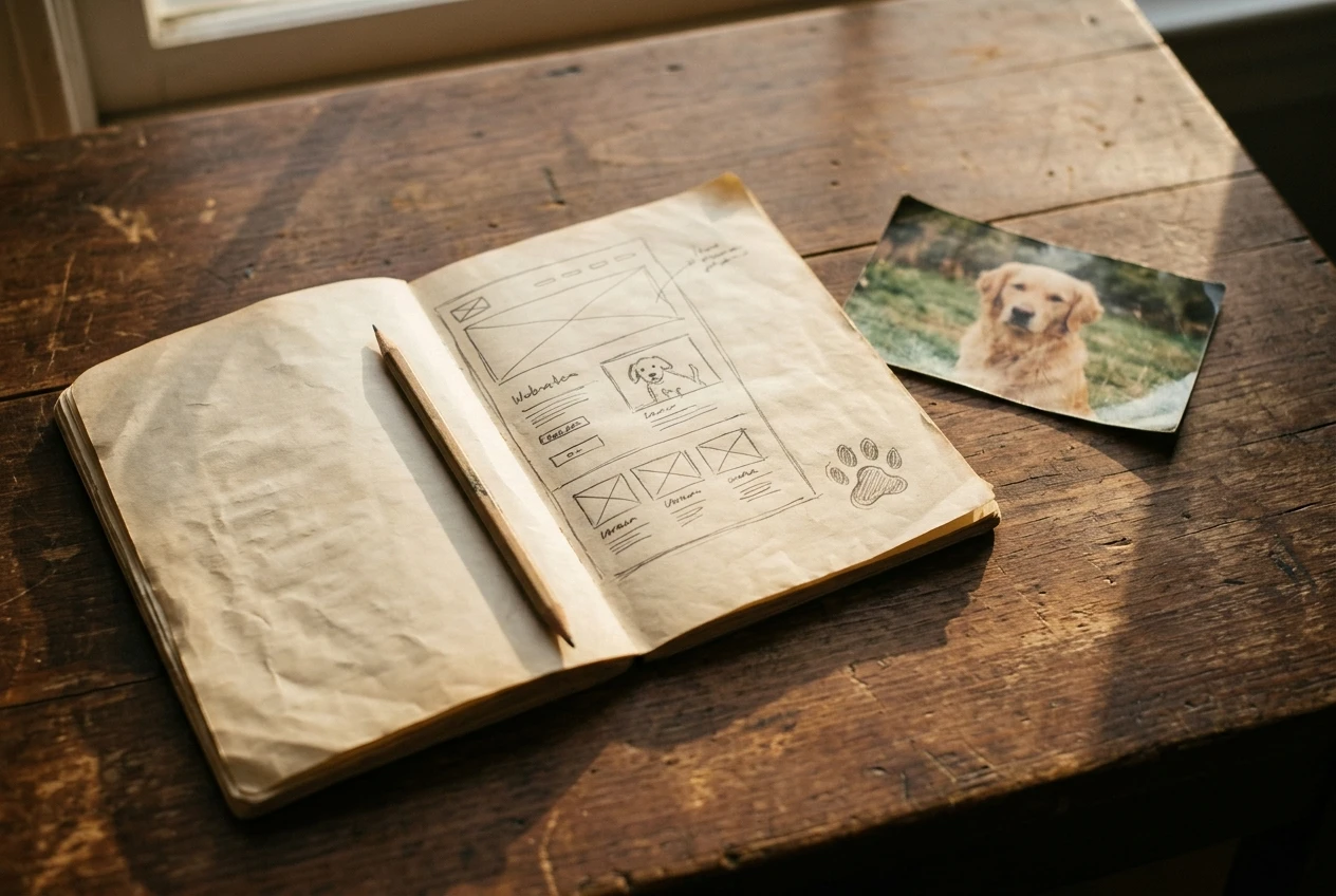 An old notebook on a wooden desk with a pencil sketch of a dog-website layout, a loose paw-print doodle and a faded photo of a golden retriever beside it, lit by warm late-afternoon