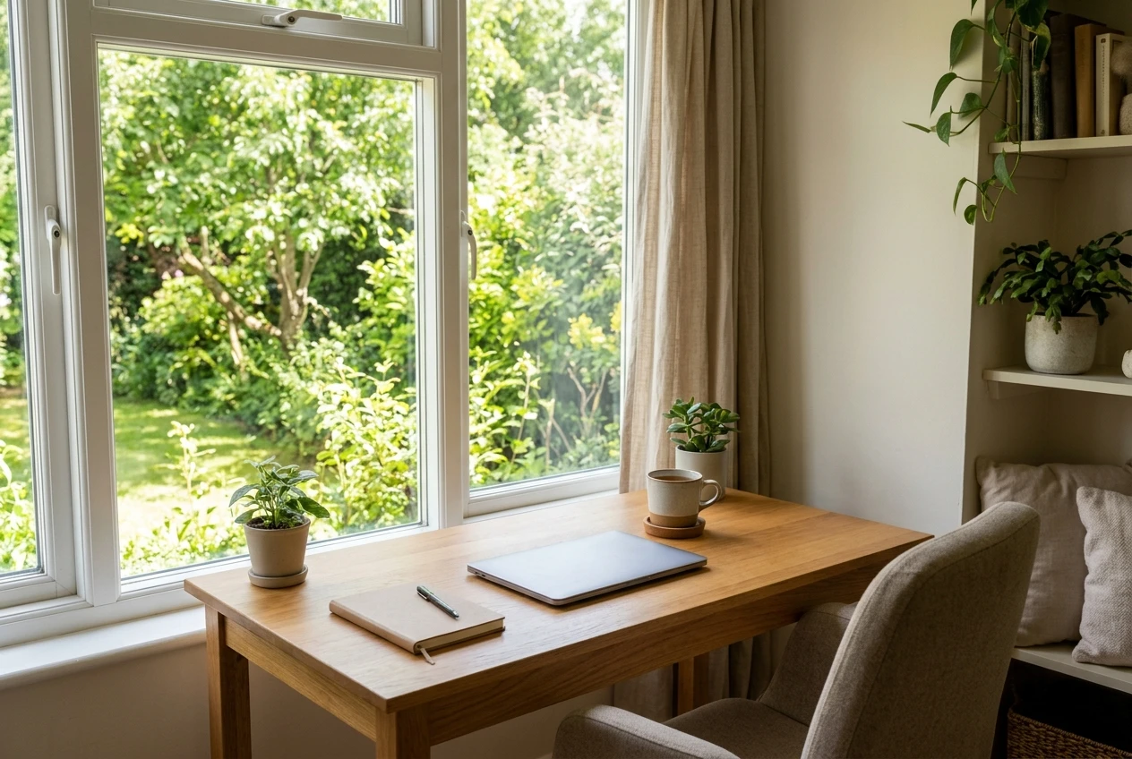 A bright, tidy home office corner at midday: a closed laptop, a mug of tea and a window looking onto a green garden, conveying calm work-from-home freedom rather than long office hours.