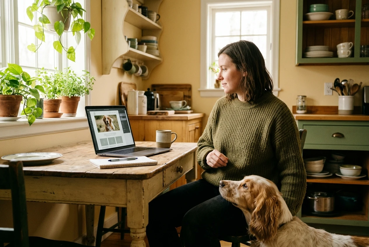 A laptop on a kitchen table showing a half-built website with a dog photo on screen, a friendly spaniel resting its head on the woman's knee beside it, soft morning light and warm yellows and greens.