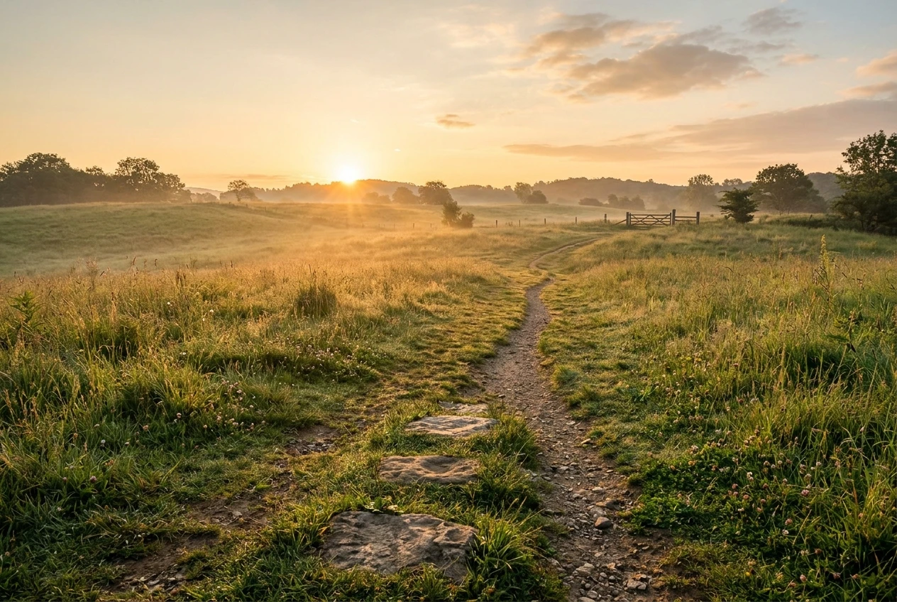 A narrow dirt path through a meadow at sunrise, with the first few stepping stones set in the grass leading toward a distant gate, gold and soft green tones, suggesting a slow but clear path forward.